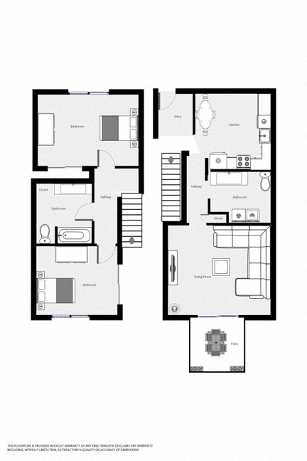 Floor plan for 2 beds, 1.5 baths, 1024 sqft